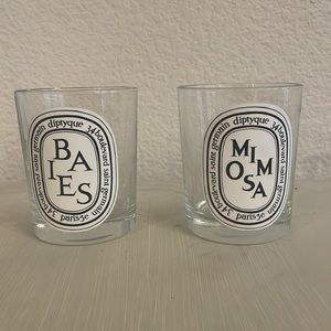 Lot of two empty Diptyque candle jars in Baies and Mimosa (6.5 oz. size)